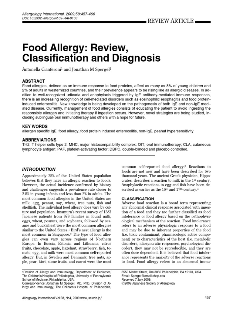 Food Allergy: Review, Classification and Diagnosis | PDF | Food Allergy ...
