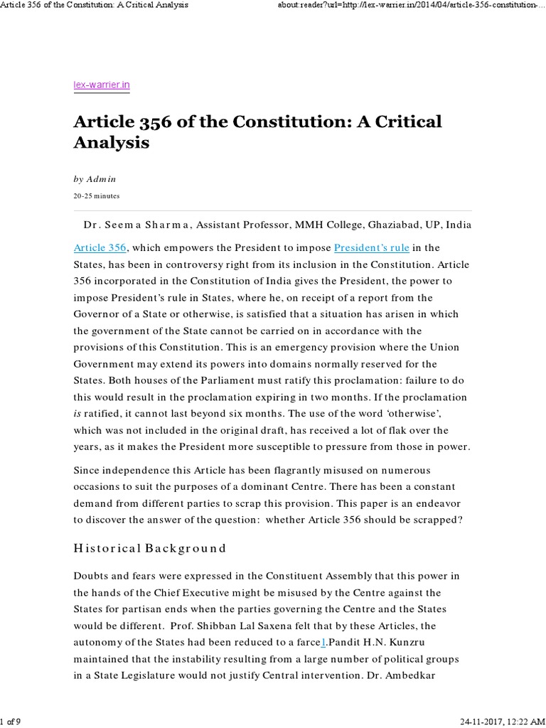 Art 356 Of Constitution : President’s Rule, Article 356, Grounds ...