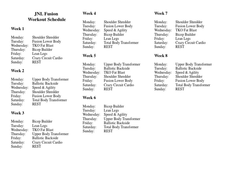 JNL Fusion Workout Schedule Week 4 Week 7