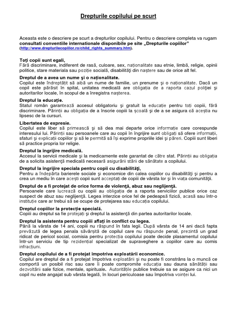 Drepturile Copilului Pe Scurt