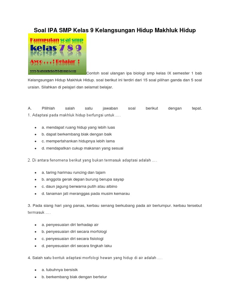 Soal IPA SMP Kelas 9 Kelangsungan Hidup Makhluk Hidup