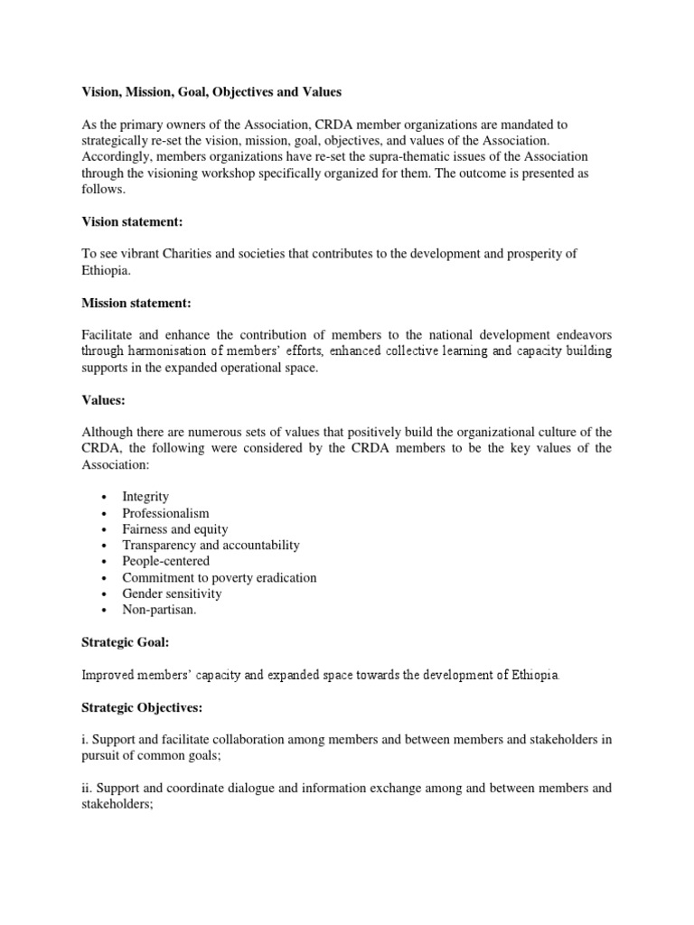 Vision, Mission, Goal, Objectives and Values PDF