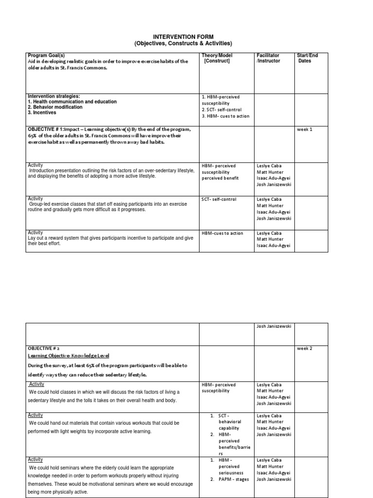 Intervention Form | PDF | Sedentary Lifestyle | Physical Exercise