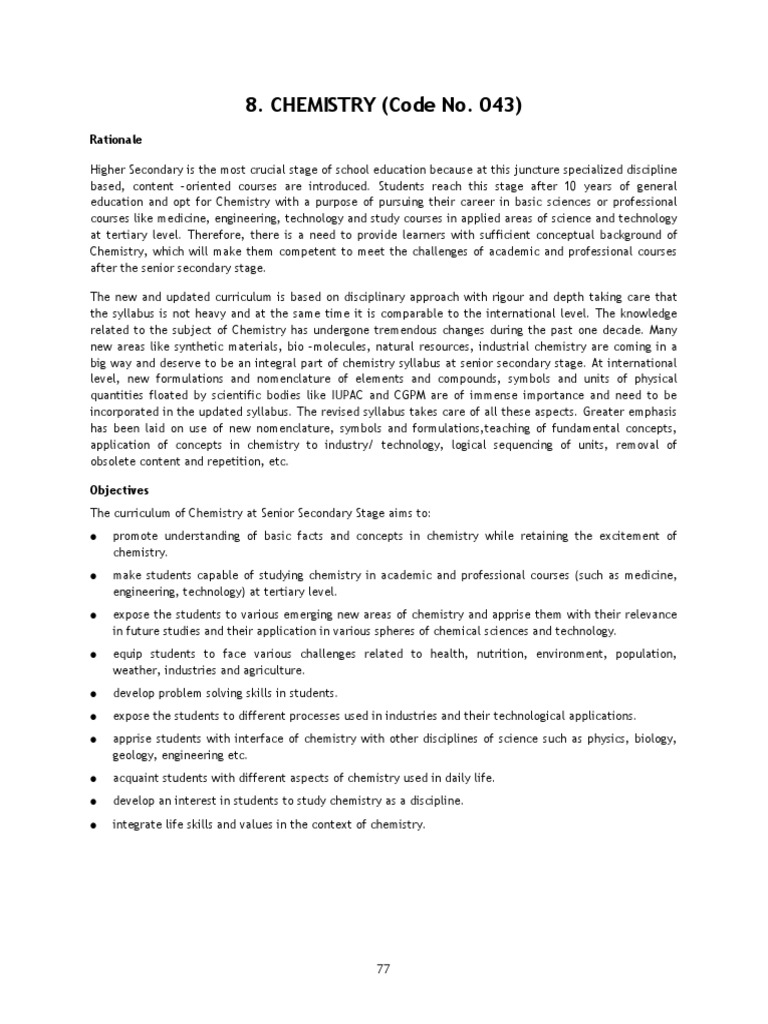 CHEMISTRY (Code No. 043) : Rationale | PDF