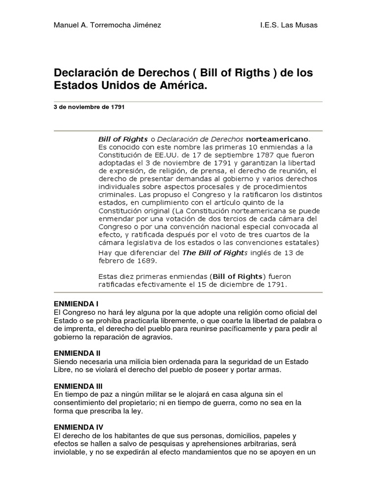 Declaración de Derechos de 1791 | PDF | Declaración de derechos de los ...