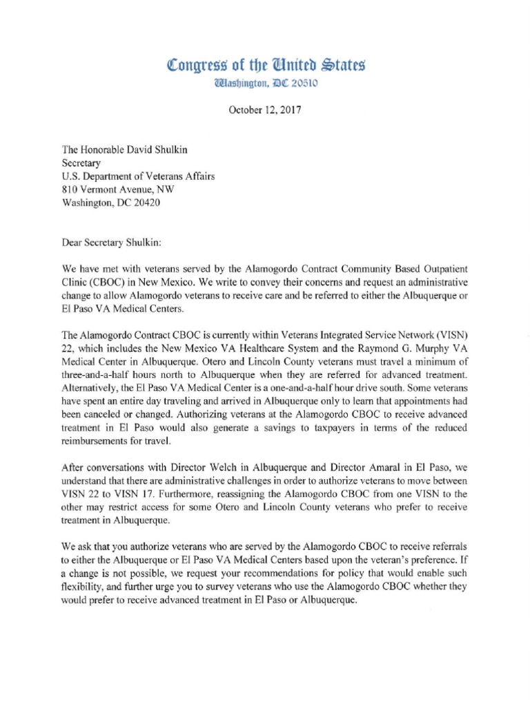 Letter To VA Secretary Shulkin On Alamogordo CBOC PDF
