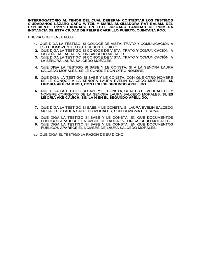 Interrogatorio Para Acreditar Nombre