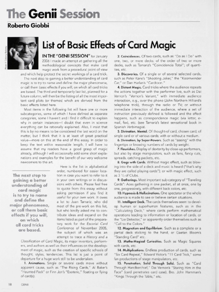 Genii Magazine Genii Session 2006 List of Basic Effects of Card