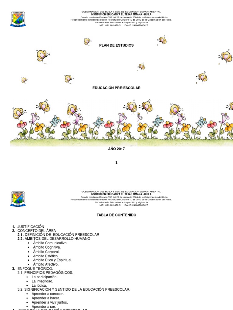 Plan de Estudios Educación Preescolar Huila | PDF | Jardín de infancia ...