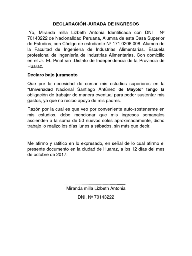 Declaración Jurada de Ingresos | PDF