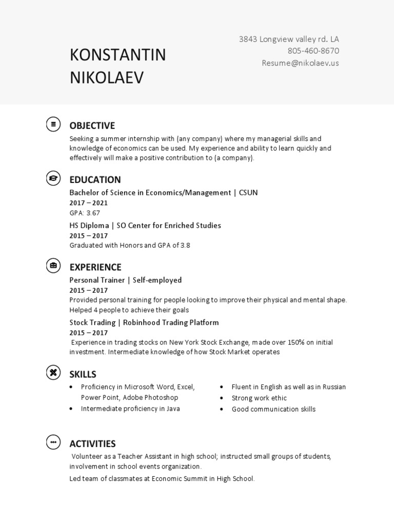 Summer Internship Resume Overview | PDF