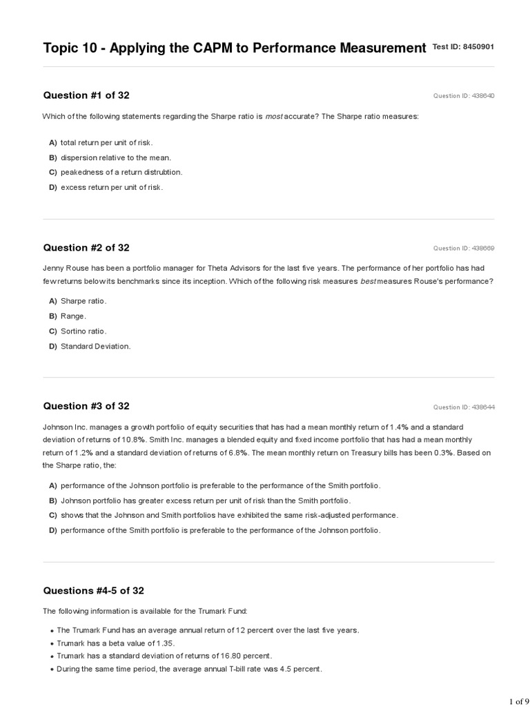 Topic 10 - Applying The CAPM To Performance Measurement Question PDF ...