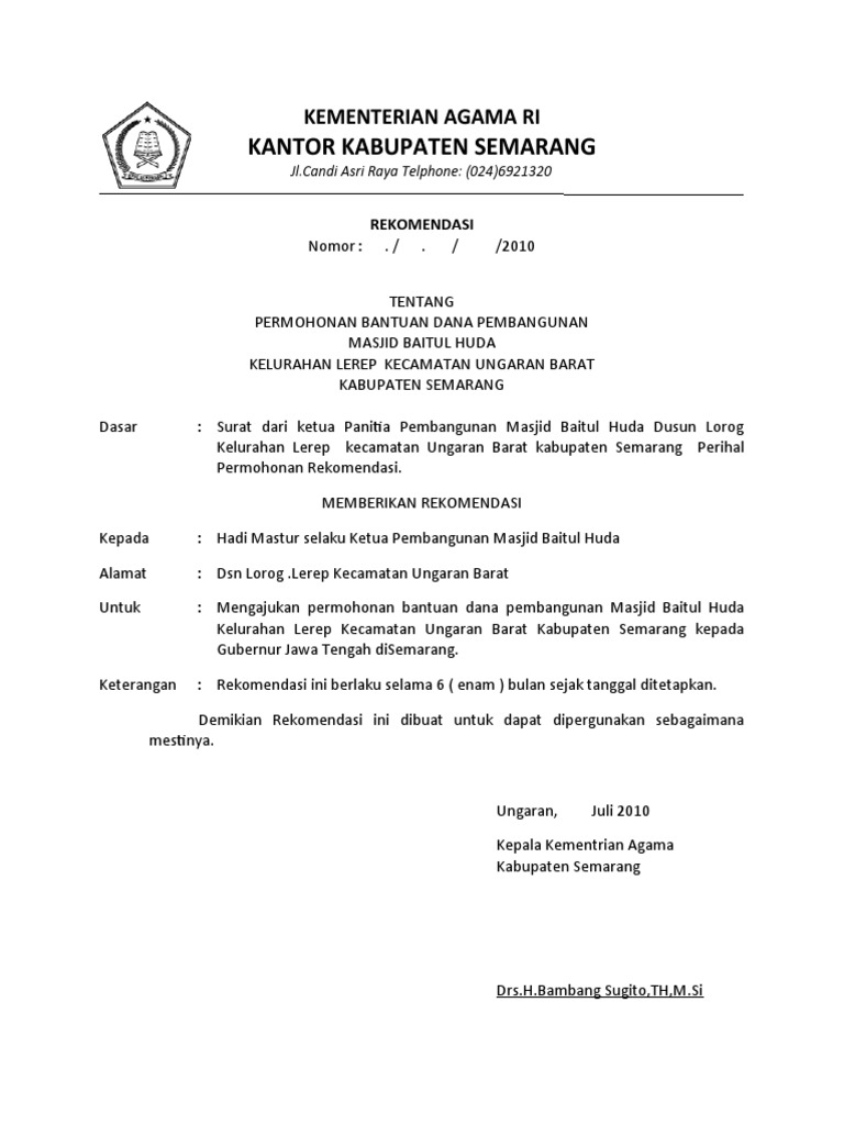 Surat Rekomendasi Kementerian Agama Contoh PDF