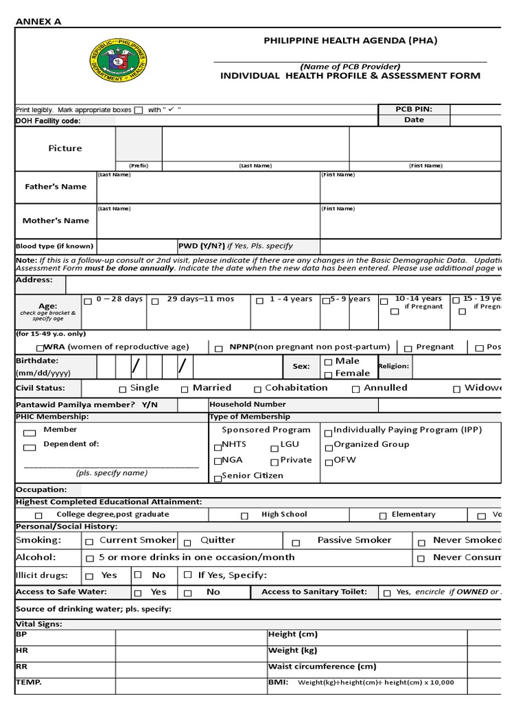 PHA Individual Health Profile &amp; Assessment Form As of Oct.09, 2017 ...