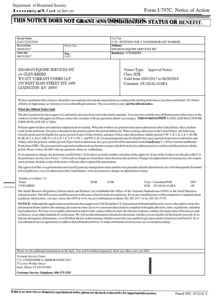 Eisaman Equine I 129 Approval Notice United States Citizenship And Immigration Services U S Customs And Border Protection