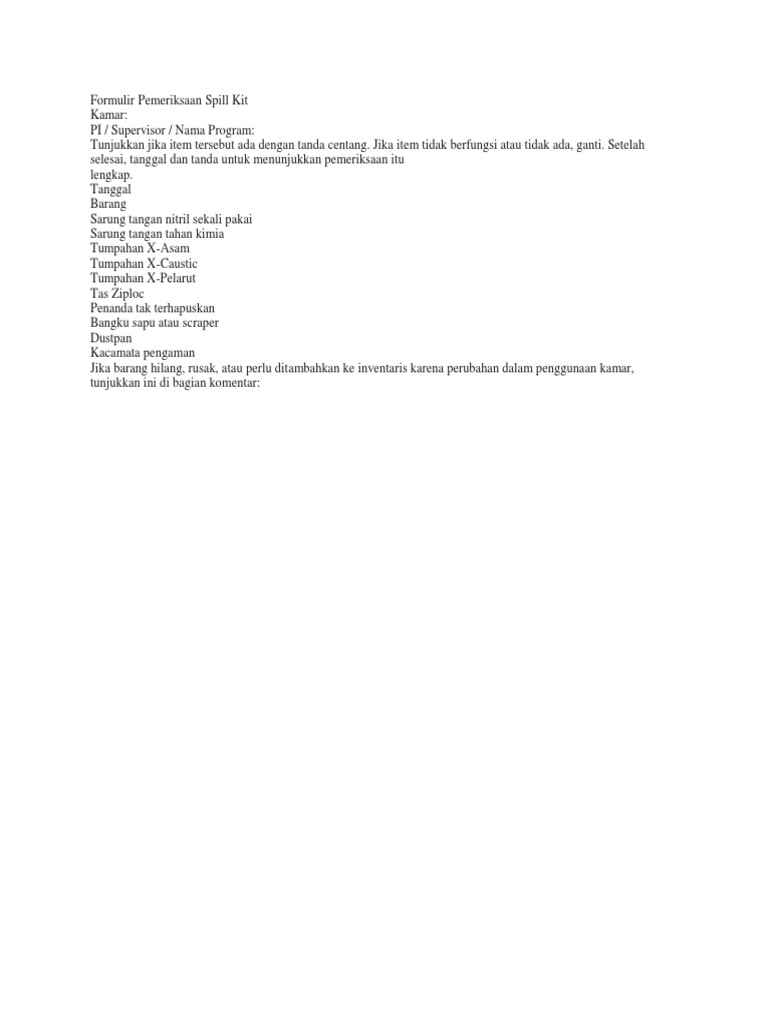 SPILL KIT INSPECTION CHECKLIST PDF