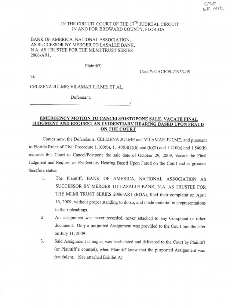 Motion Vacate Judgment Fraud on CourtRequest Evidentiary Hearing