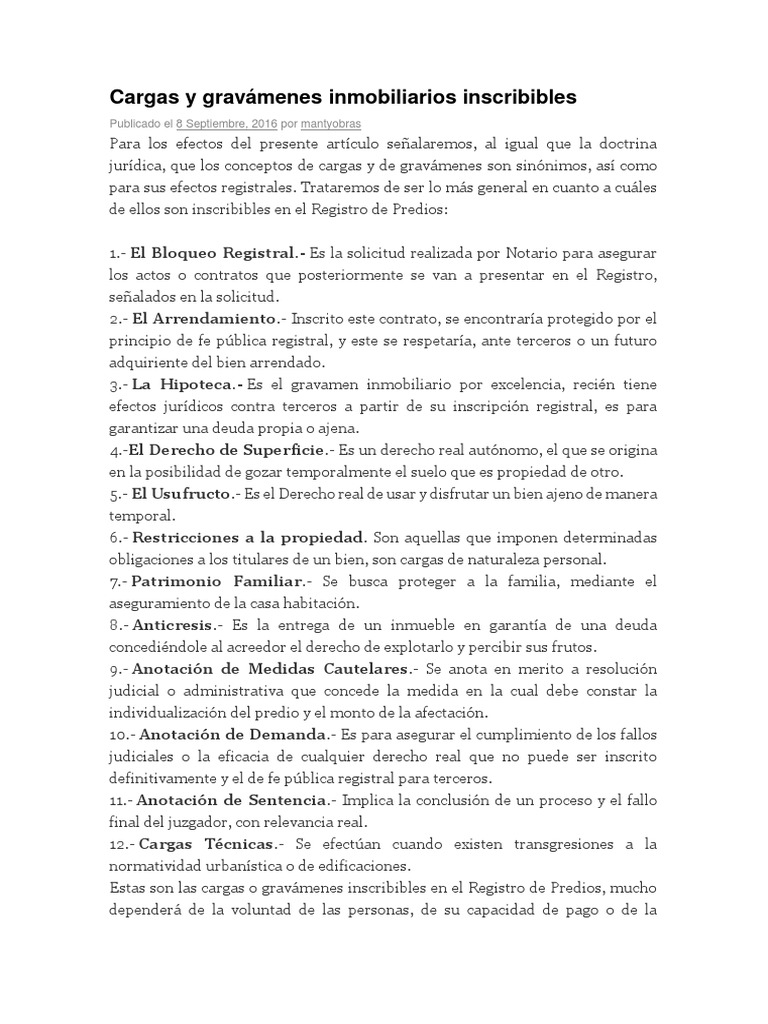 Cargas y Gravámenes Inmobiliarios Inscribibles