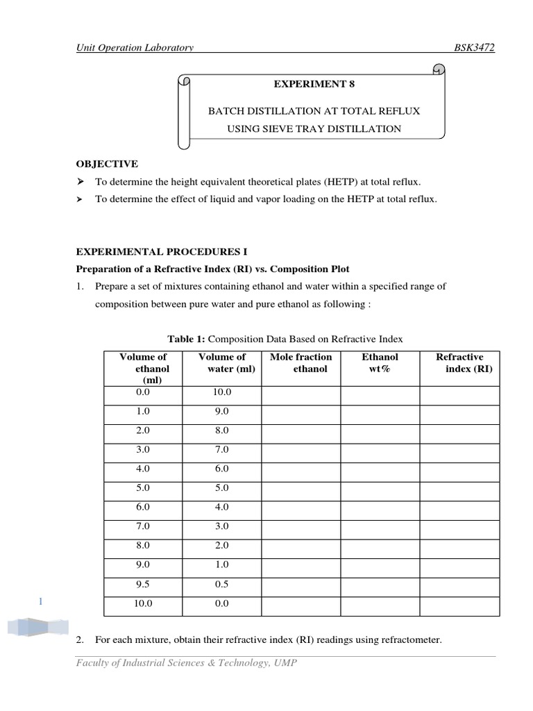 Batch Distillation At Total Reflux Using Sieve Tray Distillation Pdf