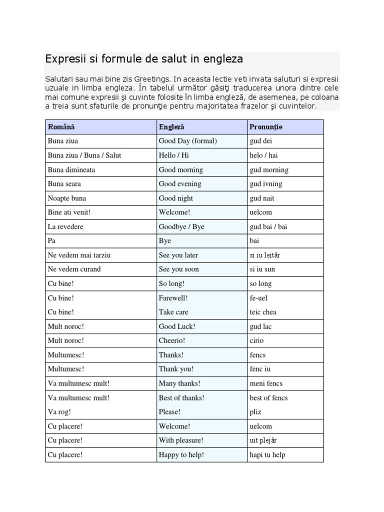 Expresii Si Formule De Salut In Engleza