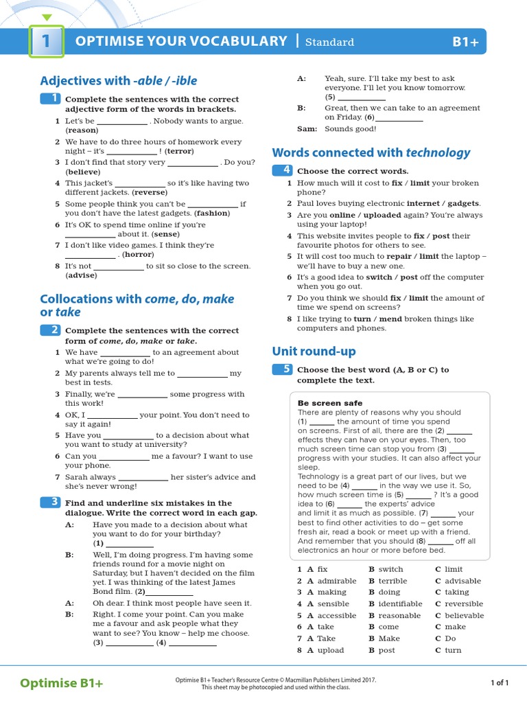 OPT B1plus U01 Vocab Standard | PDF | Language Arts & Discipline