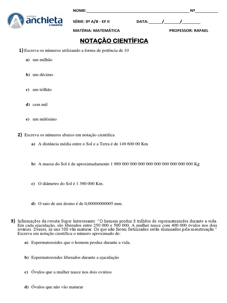 EXERCICIOS 9º ANO NOTAÇÃO CIENTIFICA.docx, PDF, Terra