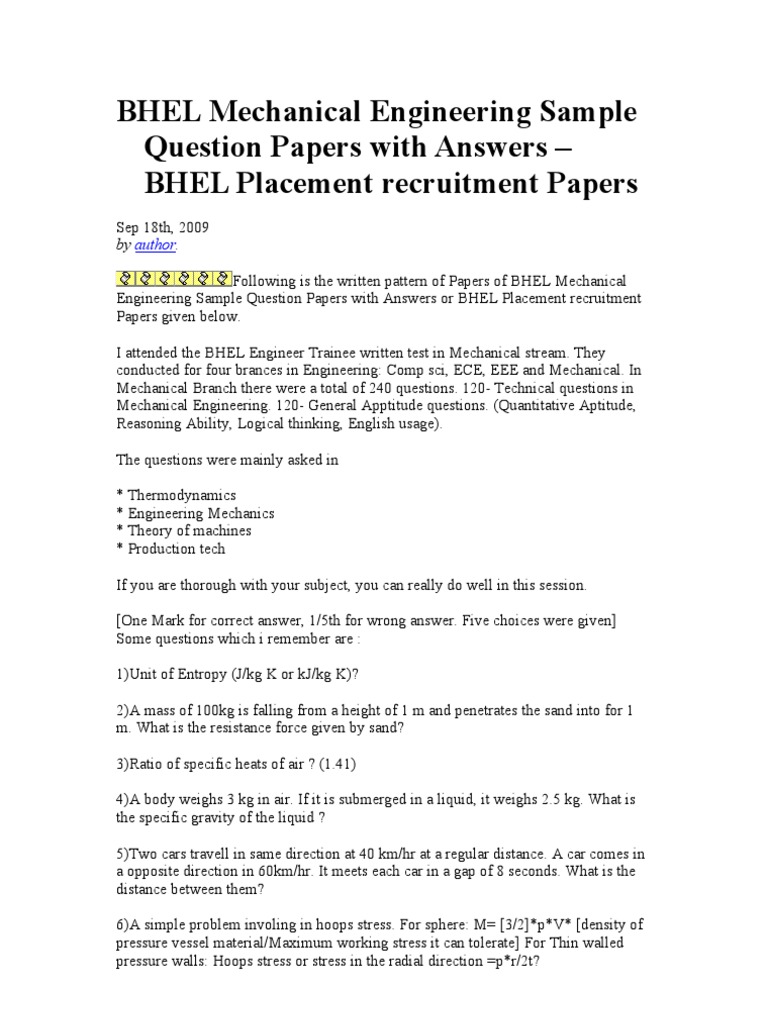 BHEL Mechanical Engineering Sample Question Papers With Answers PDF