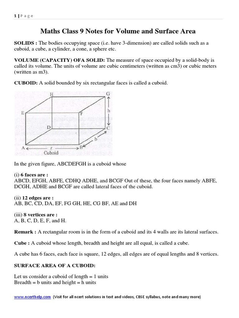 Maths Class 9 Notes for Volume and Surface Area | Volume | Sphere