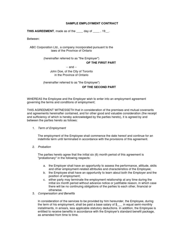 Ontario Employment Contract Sample | PDF | Employment | Salary