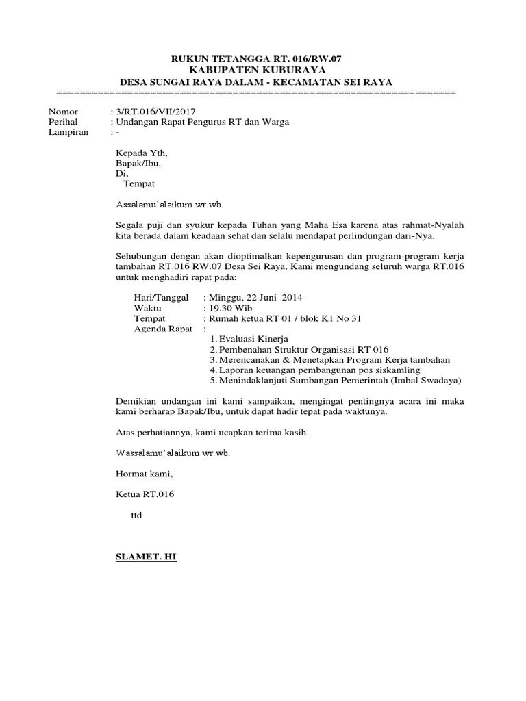 Contoh Surat Undangan Rapat RT | PDF