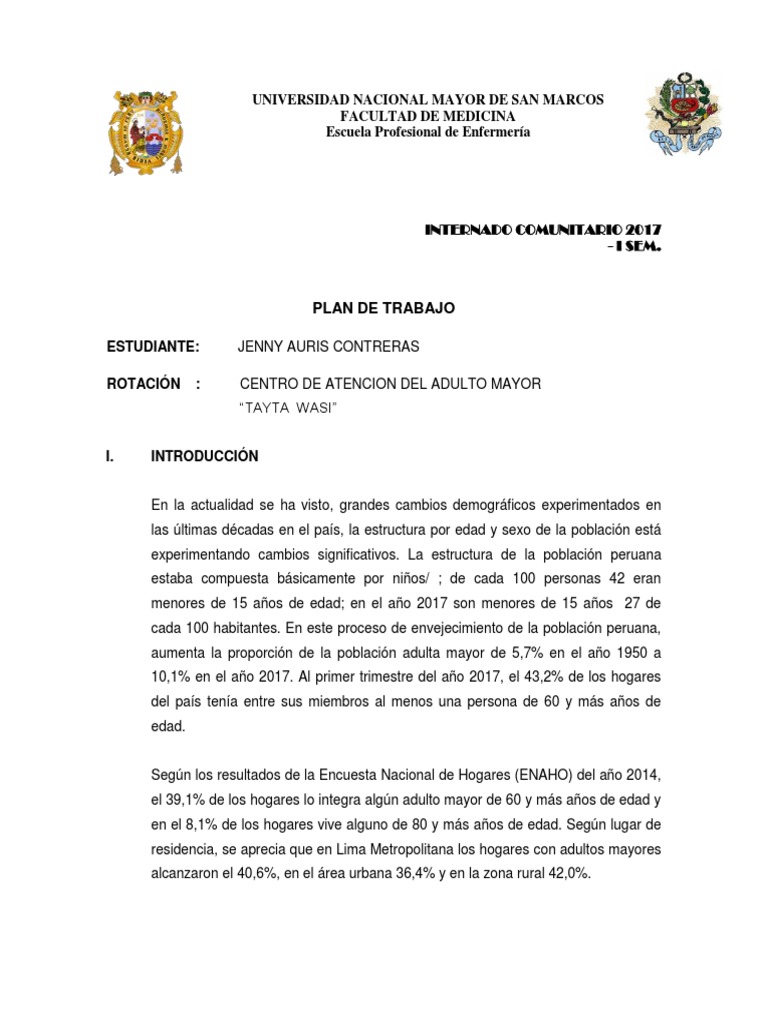 Plan de Trabajo Internado 2017: Atención Integral al Adulto Mayor en ...
