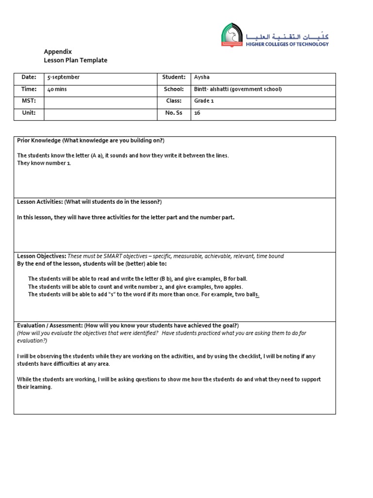 Appendix Lesson Plan Template | PDF | Lesson Plan | Educational Psychology