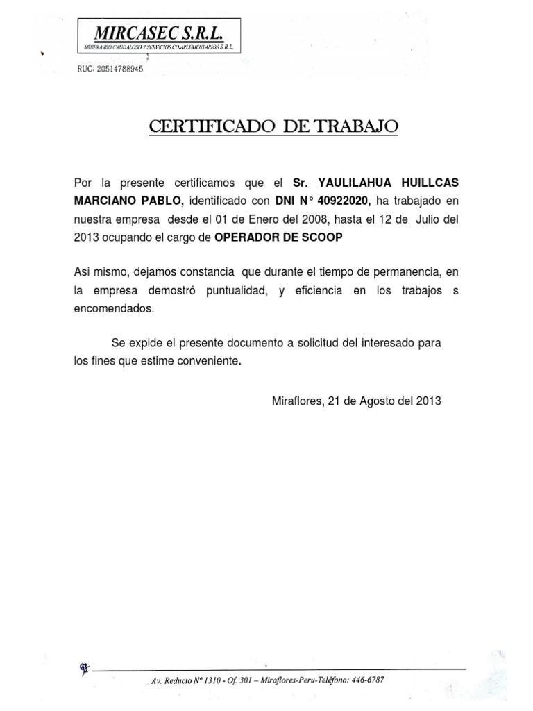 Certificado De Trabajo Pdf