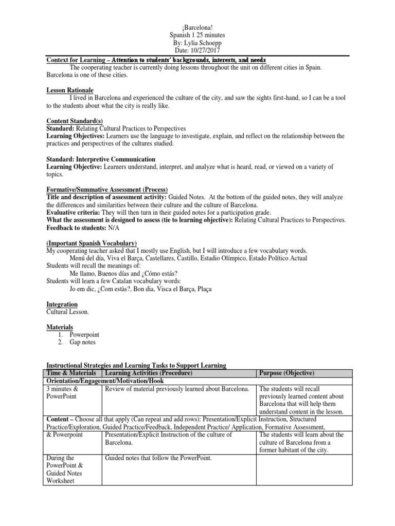 Edtpa LP Format PDF Educational Assessment Psychological Concepts