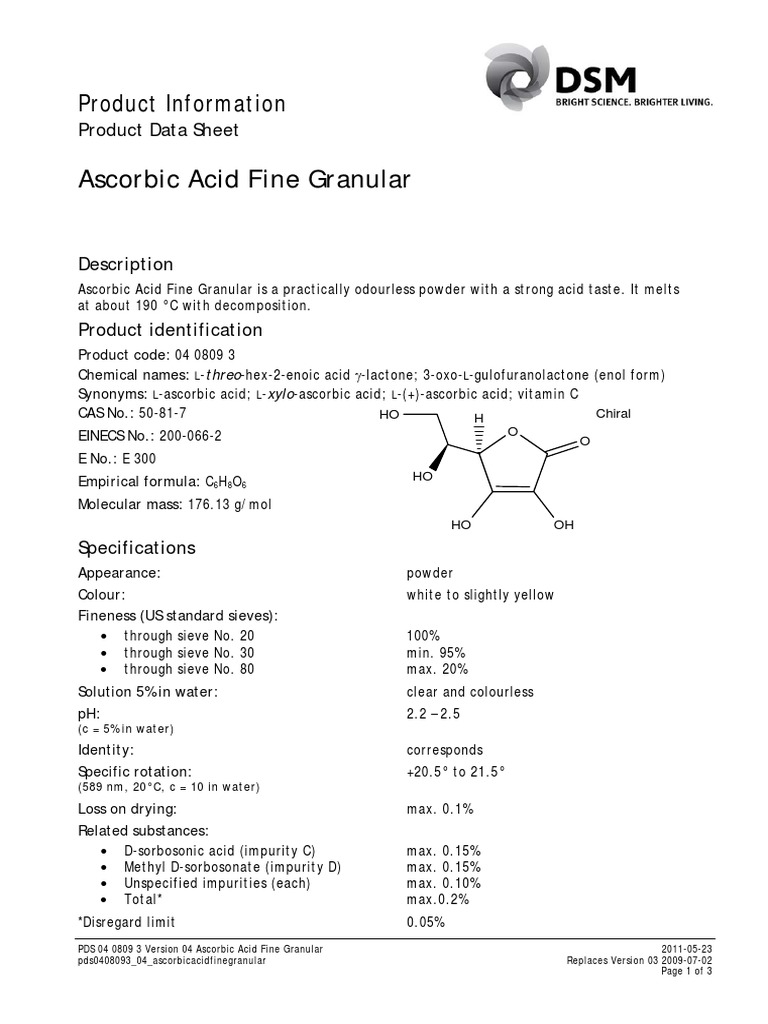 AcidoAscorbico Specs DSM PDF Solubility Chemical Elements