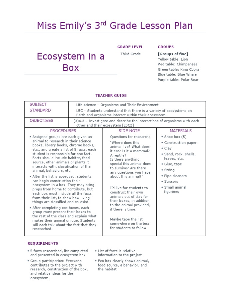 3rd Grade Ecosystem Lesson Plan | PDF | Ecology | Lesson Plan