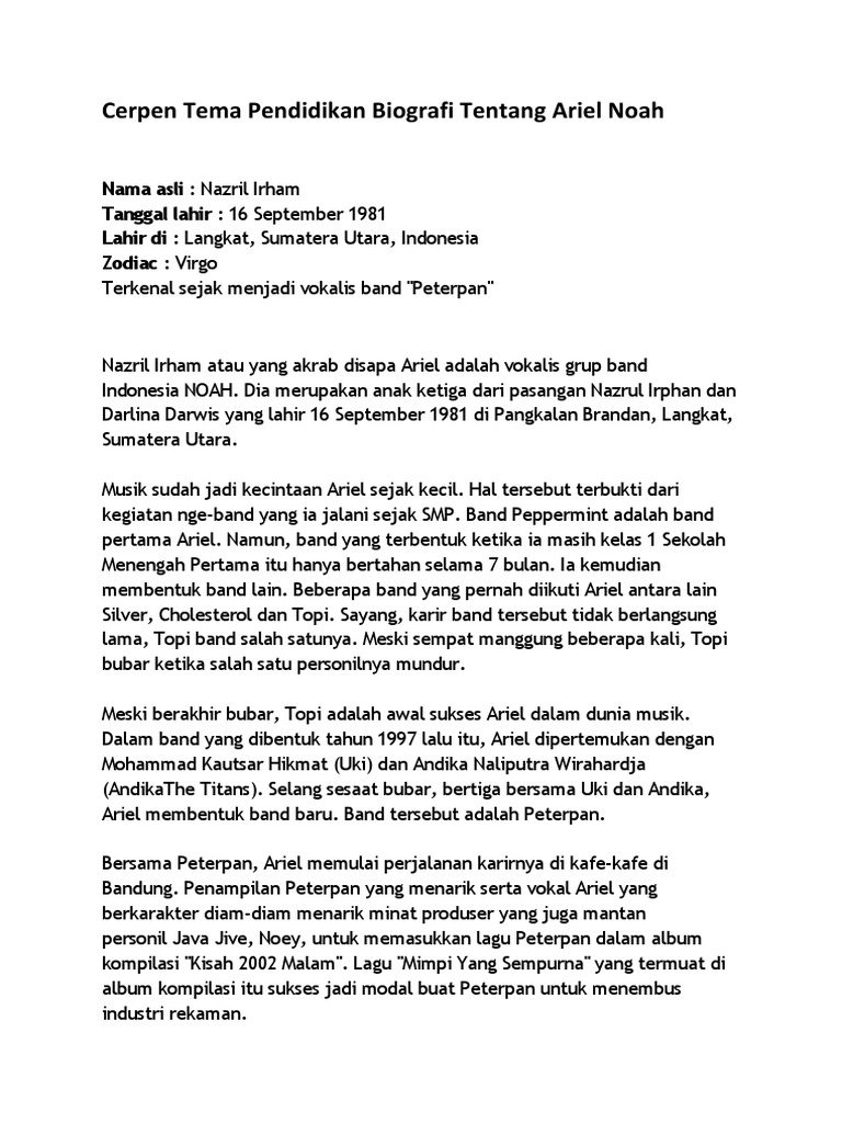Cerpen Tema Pendidikan Biografi Tentang Ariel Noah Pdf