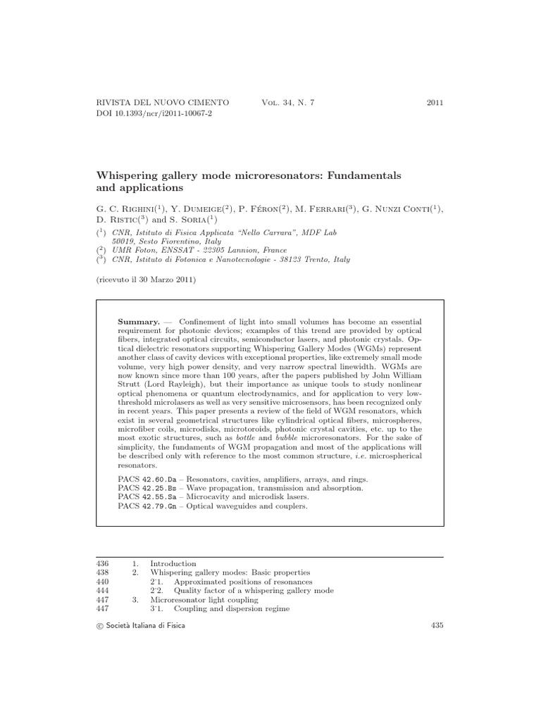 Whispering Gallery Mode Microresonators | PDF | Optics | Laser