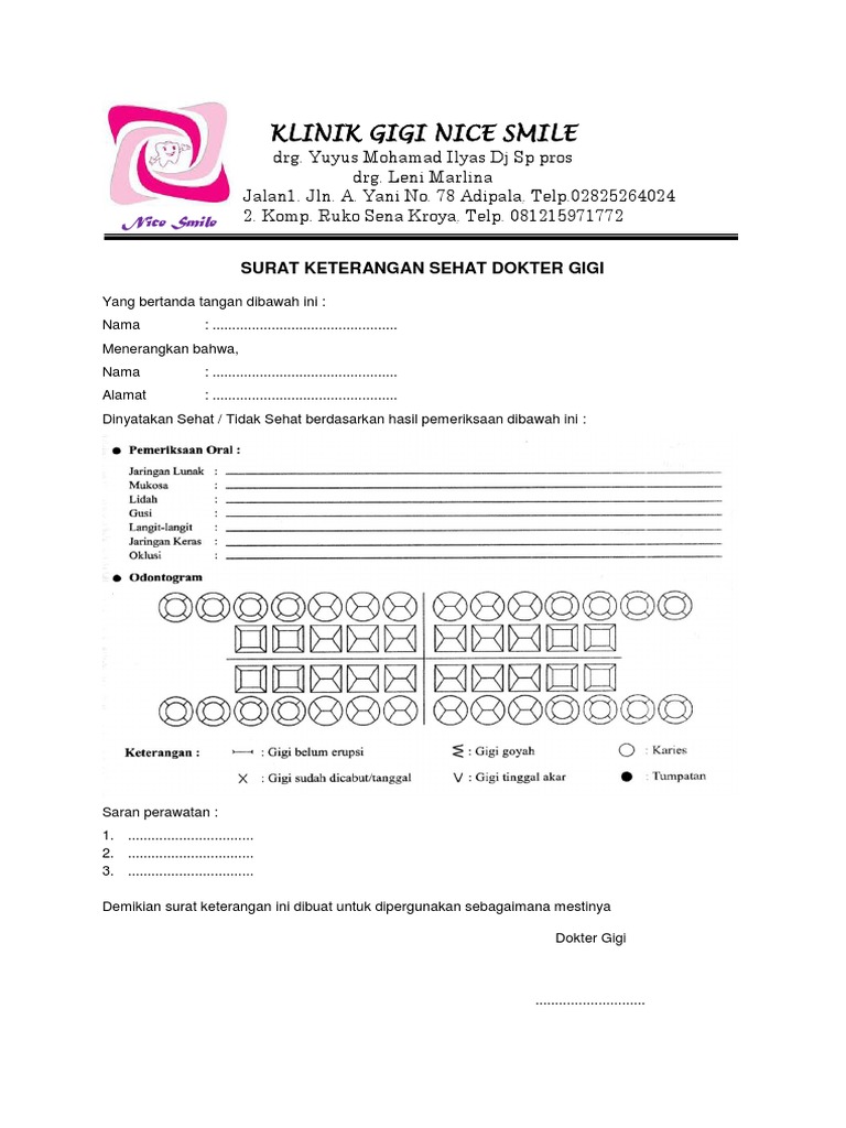 Surat Keterangan Sehat Klinik Gigi Nice Smile