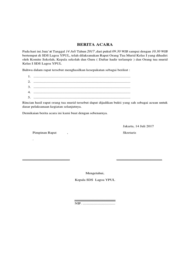 Berita Acara Rapat Orang Tua Siswa Kelas 1 Docx