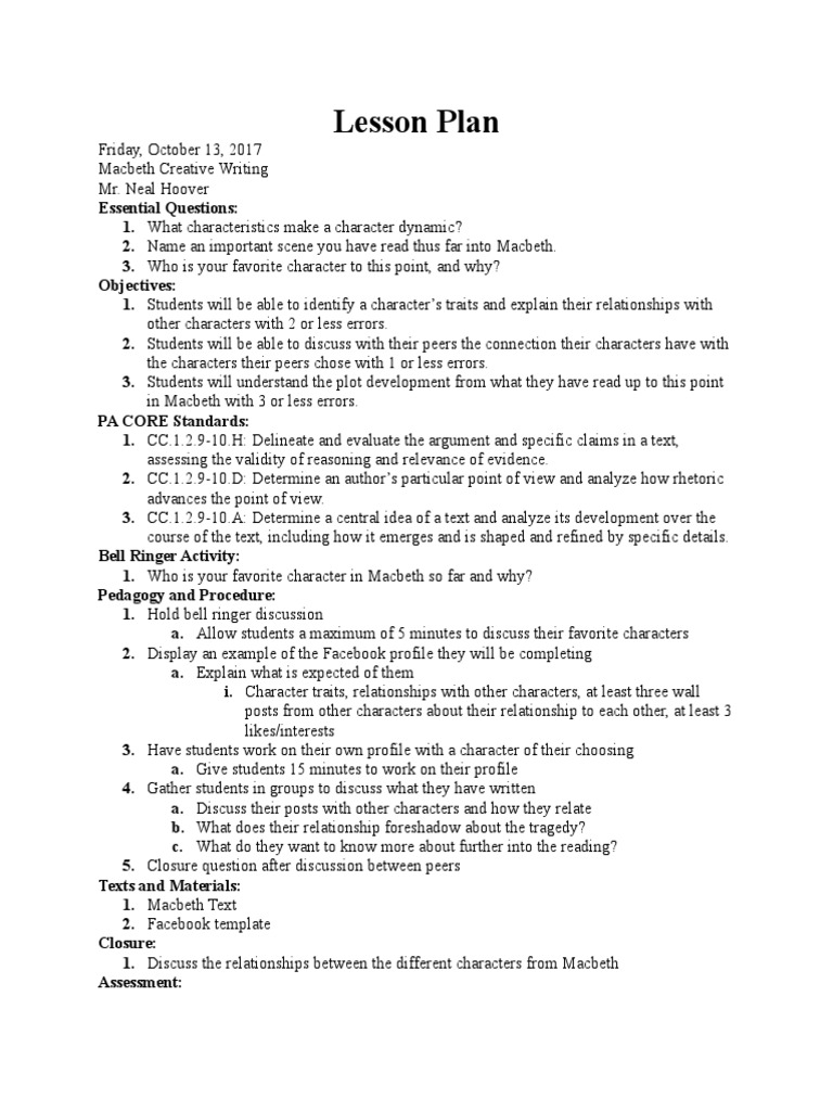 Macbeth Character Facebook Profiles | PDF | Macbeth | Lesson Plan