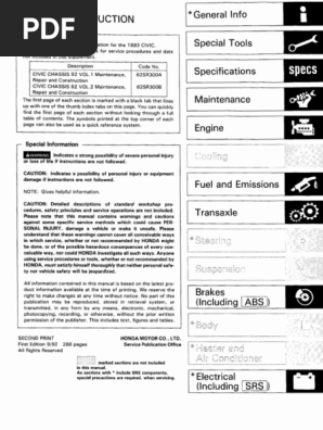 Honda Civic 92-95 Workshop Manual 62sr320 | PDF