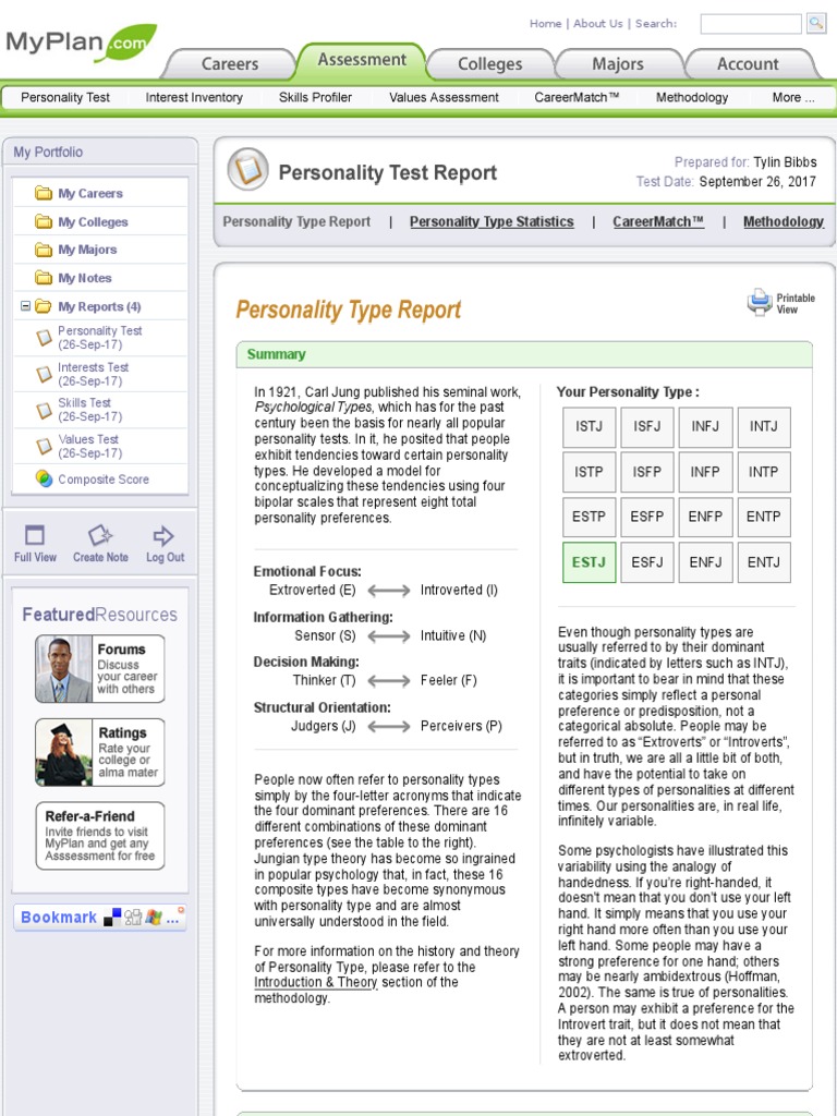 myplan assessment personality test report Extraversion And