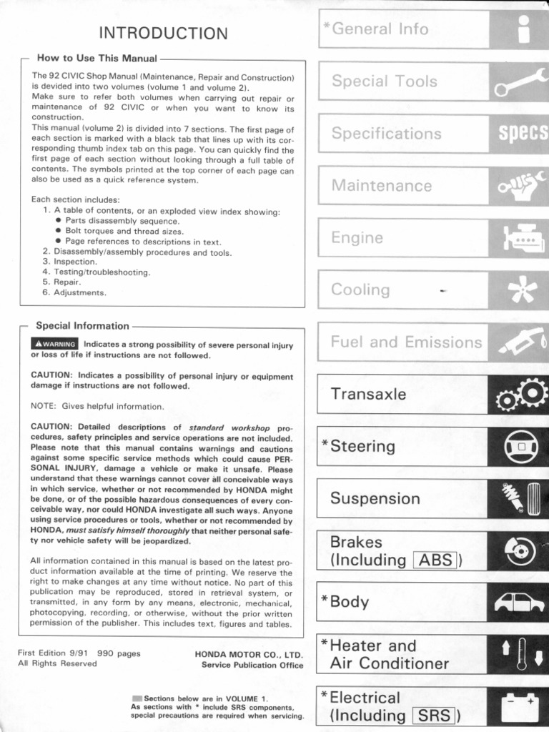 Honda Civic 92-95 Workshop Manual 62sr300b | PDF | Honda