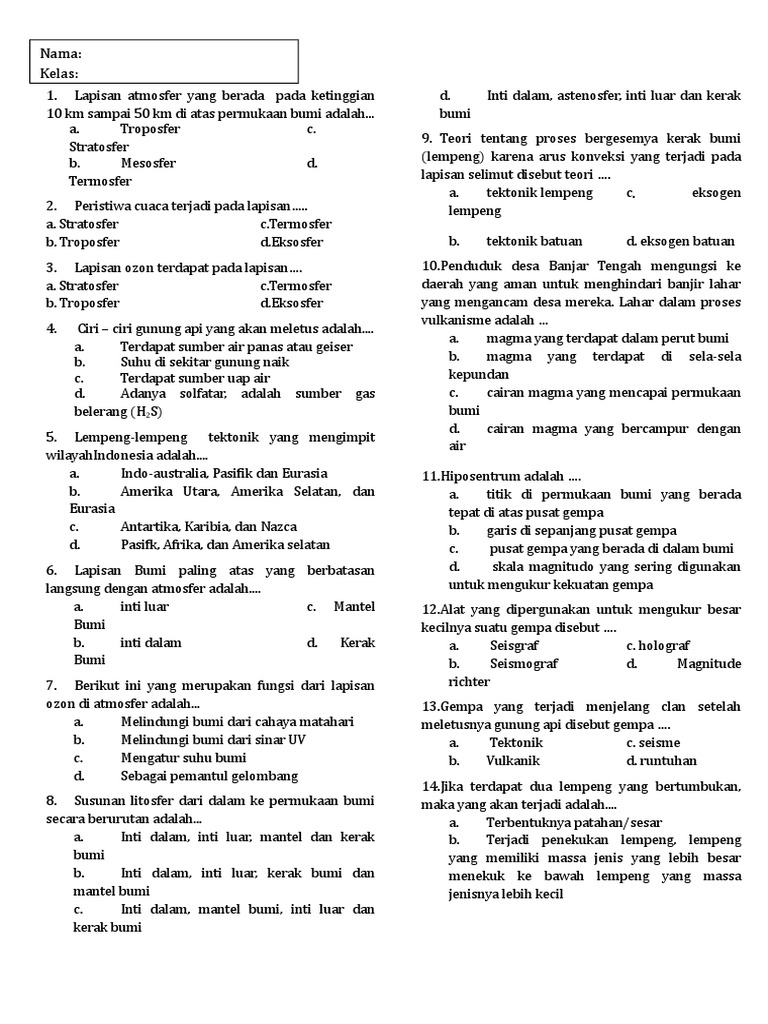 Soal Tentang Lapisan Bumi
