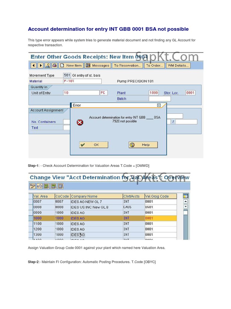 Account Determination For Entry INT GBB 0001 BSA Not Possible | PDF