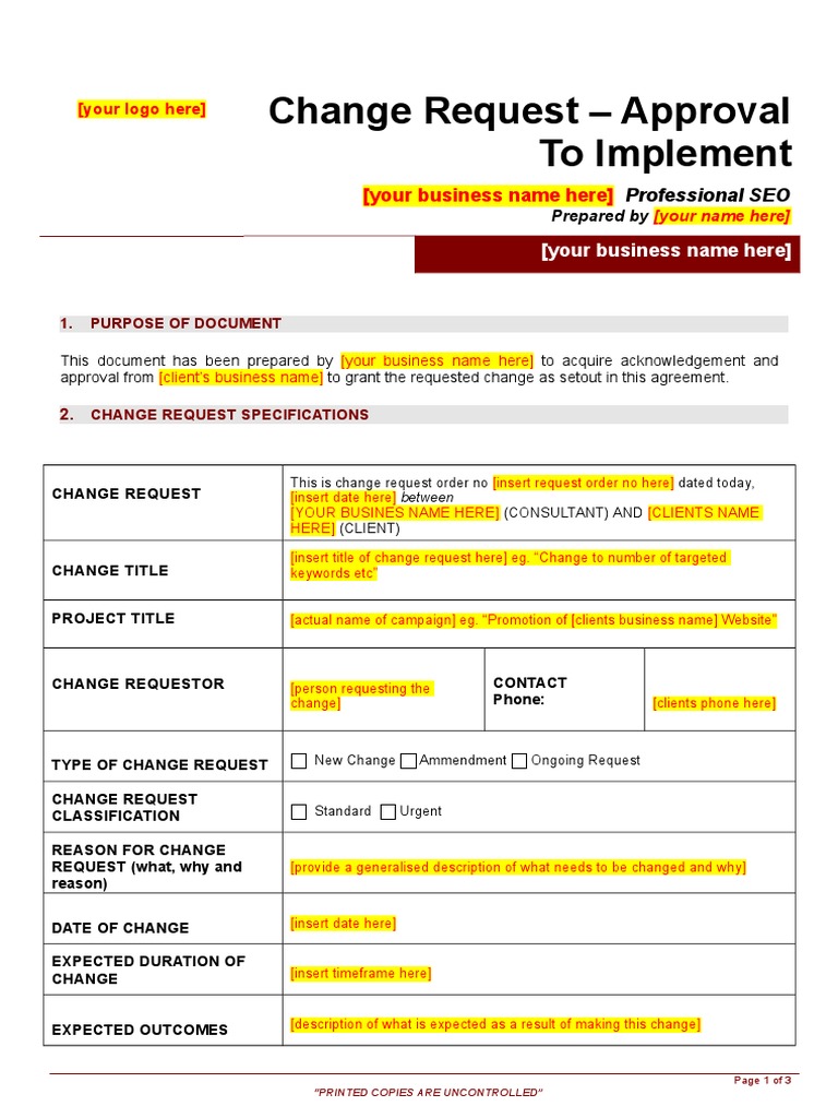 Change Request - Approval To Implement: (Your Business Name Here ...