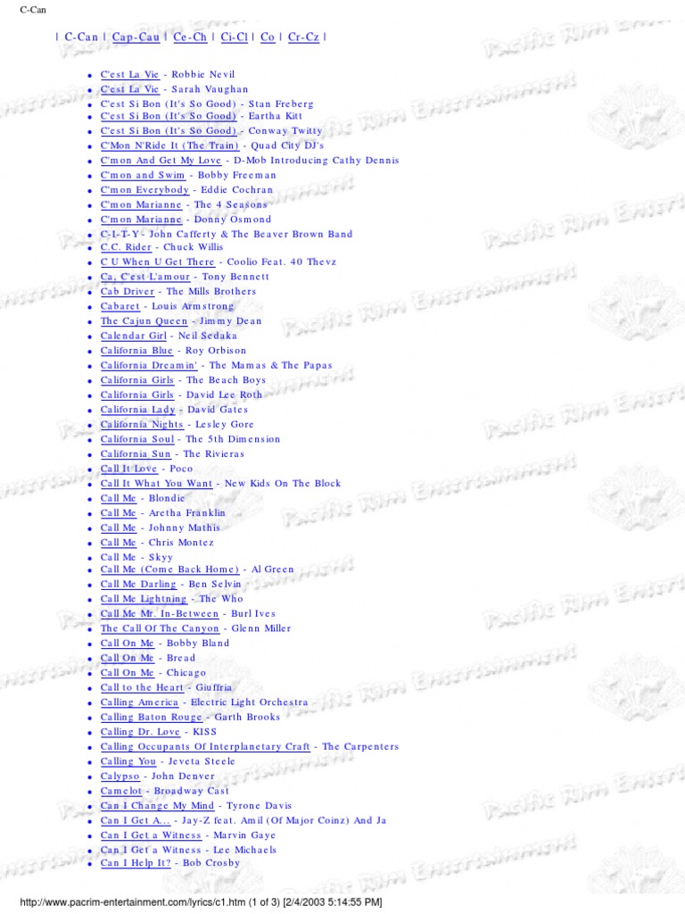 Lyrics C American Musicians Entertainers