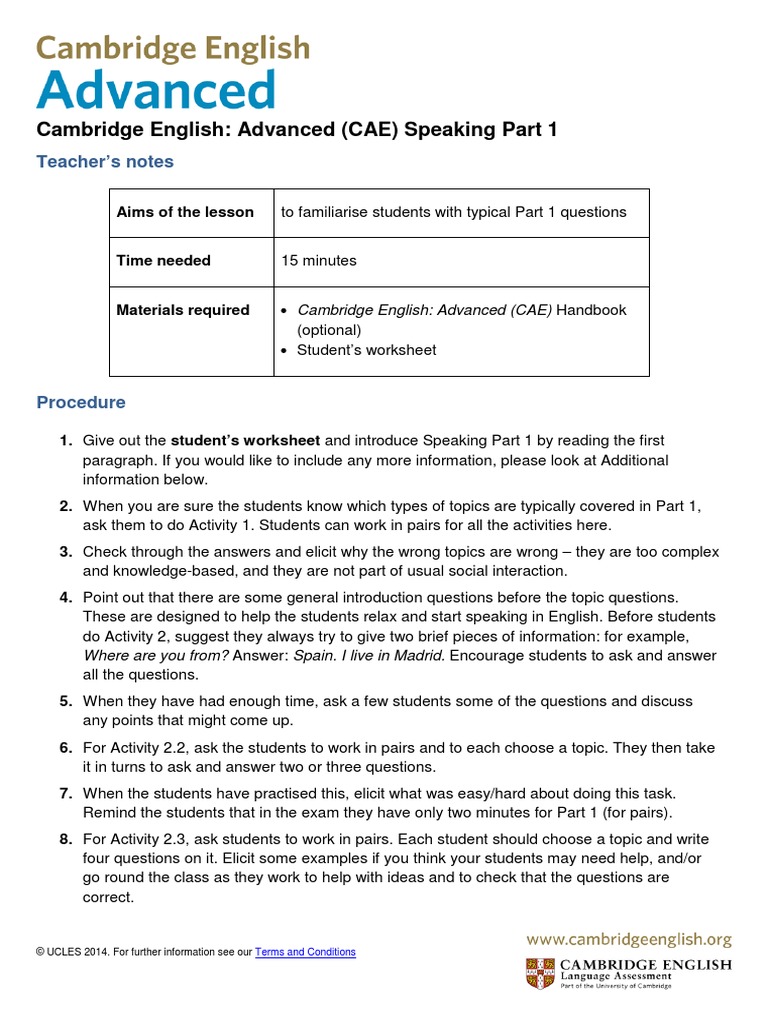 CAE Speaking Part One Lesson Plan | PDF | Question | Cognition