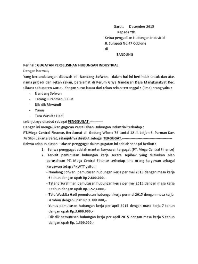 Contoh Surat Gugatan Hubungan Industrial Pdf Kumpulan Contoh Surat